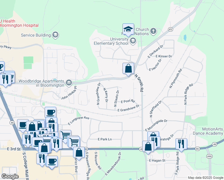 map of restaurants, bars, coffee shops, grocery stores, and more near 3524 East Hollywood Drive in Bloomington