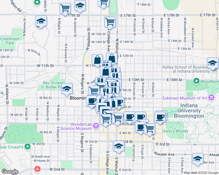map of restaurants, bars, coffee shops, grocery stores, and more near 508 North College Avenue in Bloomington