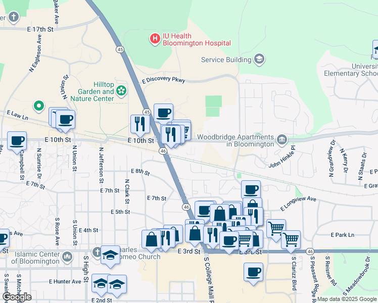 map of restaurants, bars, coffee shops, grocery stores, and more near 2700 East 10th Street in Bloomington