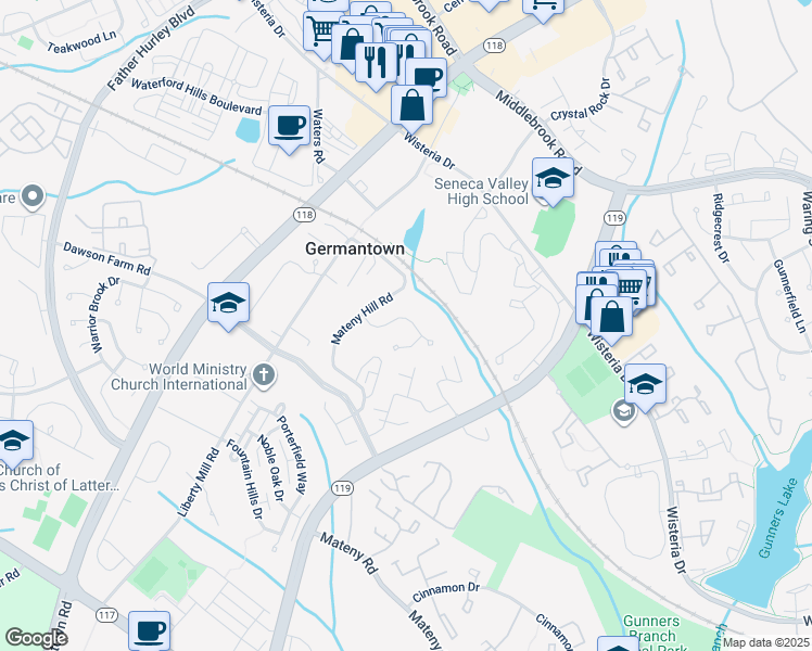 map of restaurants, bars, coffee shops, grocery stores, and more near 12914 Summit Ridge Terrace in Germantown