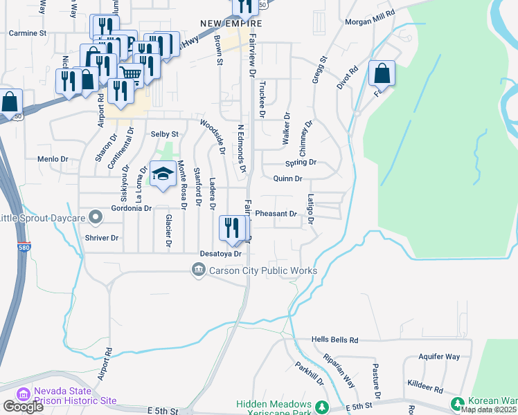 map of restaurants, bars, coffee shops, grocery stores, and more near 3916 Pheasant Drive in Carson City