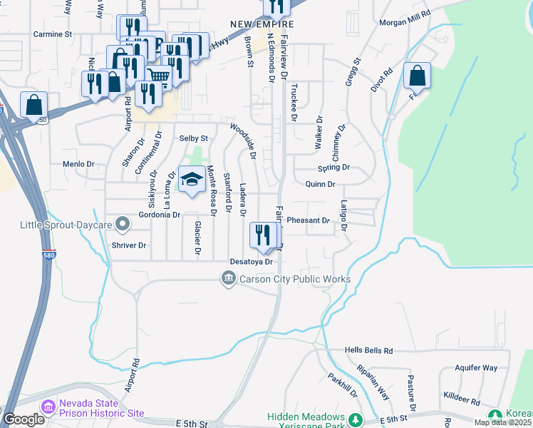 map of restaurants, bars, coffee shops, grocery stores, and more near 1237 Woodside Drive in Carson City