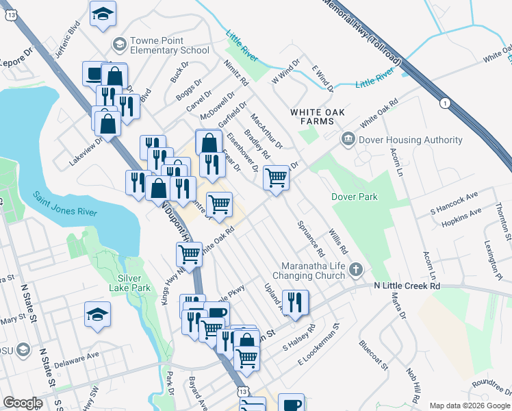 map of restaurants, bars, coffee shops, grocery stores, and more near 1017 White Oak Road in Dover