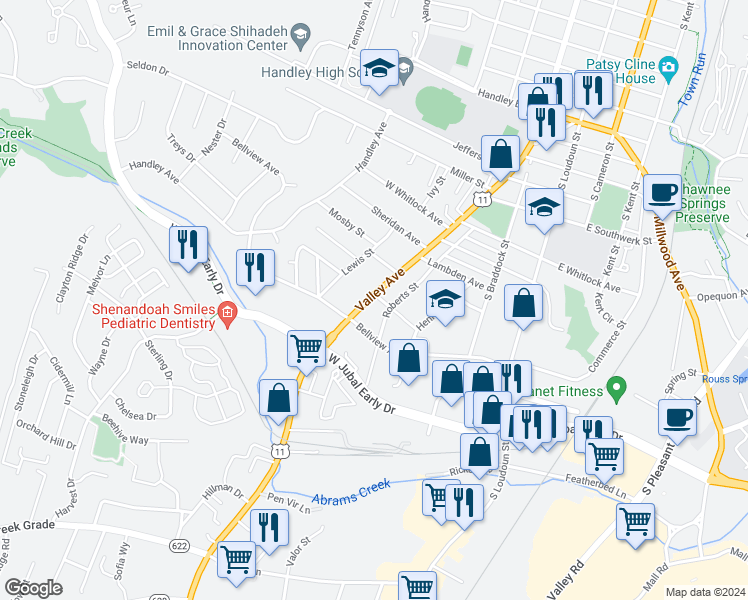 map of restaurants, bars, coffee shops, grocery stores, and more near 1650 U.S. 11 in Winchester