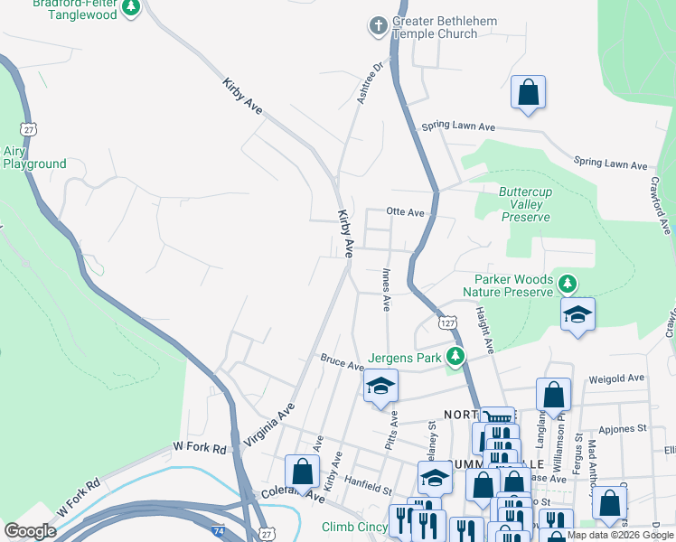 map of restaurants, bars, coffee shops, grocery stores, and more near 1705 Martha Street in Cincinnati
