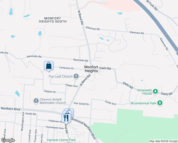 map of restaurants, bars, coffee shops, grocery stores, and more near in Monfort Heights