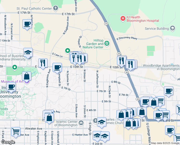 map of restaurants, bars, coffee shops, grocery stores, and more near 1900 E 10th St in Bloomington