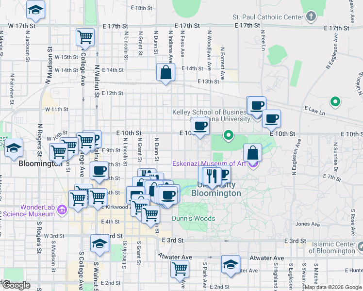 map of restaurants, bars, coffee shops, grocery stores, and more near 509 North Fess Avenue in Bloomington