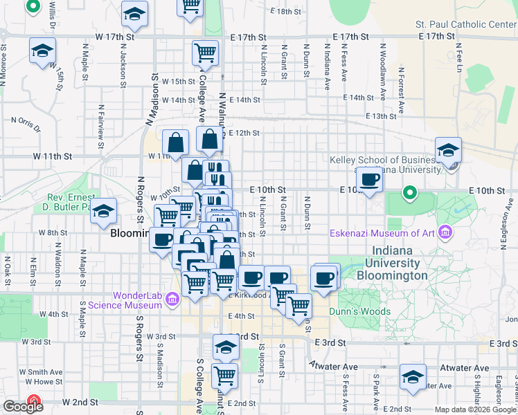 map of restaurants, bars, coffee shops, grocery stores, and more near 514 North Washington Street in Bloomington