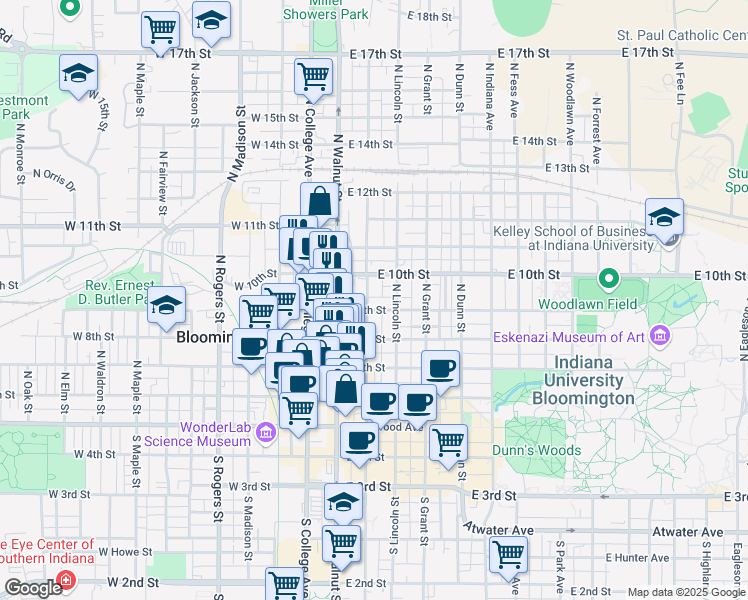 map of restaurants, bars, coffee shops, grocery stores, and more near 514 North Washington Street in Bloomington