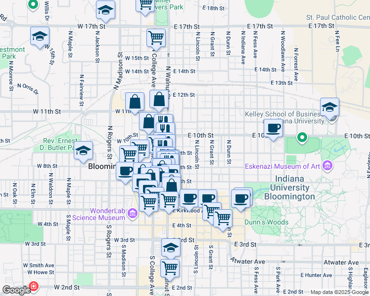 map of restaurants, bars, coffee shops, grocery stores, and more near 514 North Washington Street in Bloomington
