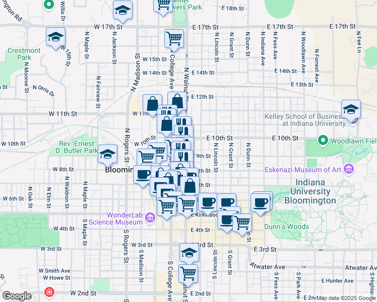 map of restaurants, bars, coffee shops, grocery stores, and more near 520 North Walnut Street in Bloomington
