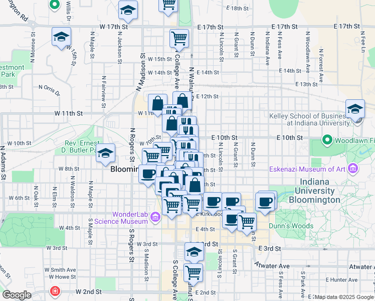map of restaurants, bars, coffee shops, grocery stores, and more near 520 North Walnut Street in Bloomington