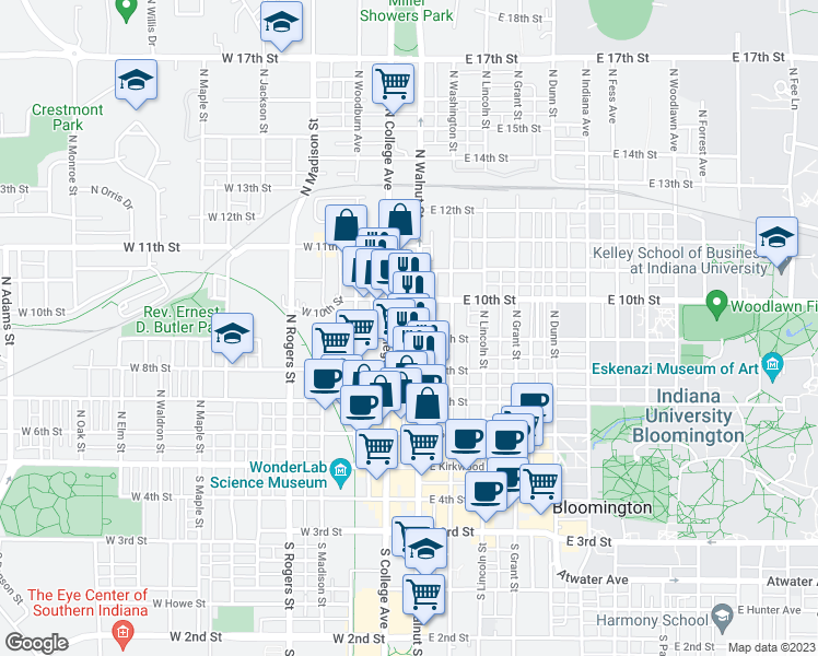 map of restaurants, bars, coffee shops, grocery stores, and more near 520 North Walnut Street in Bloomington