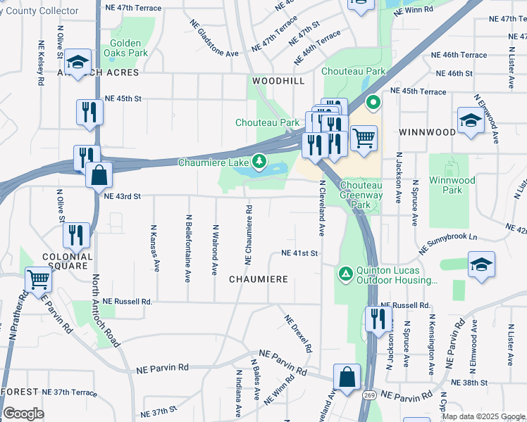 map of restaurants, bars, coffee shops, grocery stores, and more near 4212 North Askew Avenue in Kansas City