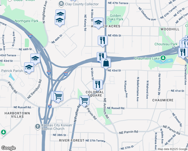map of restaurants, bars, coffee shops, grocery stores, and more near 4217 North Olive Street in Kansas City