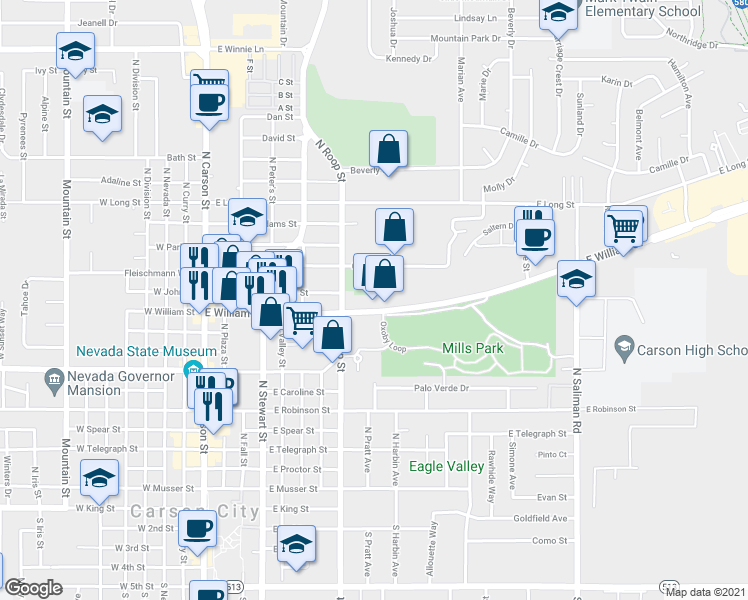 map of restaurants, bars, coffee shops, grocery stores, and more near 892 East William Street in Carson City