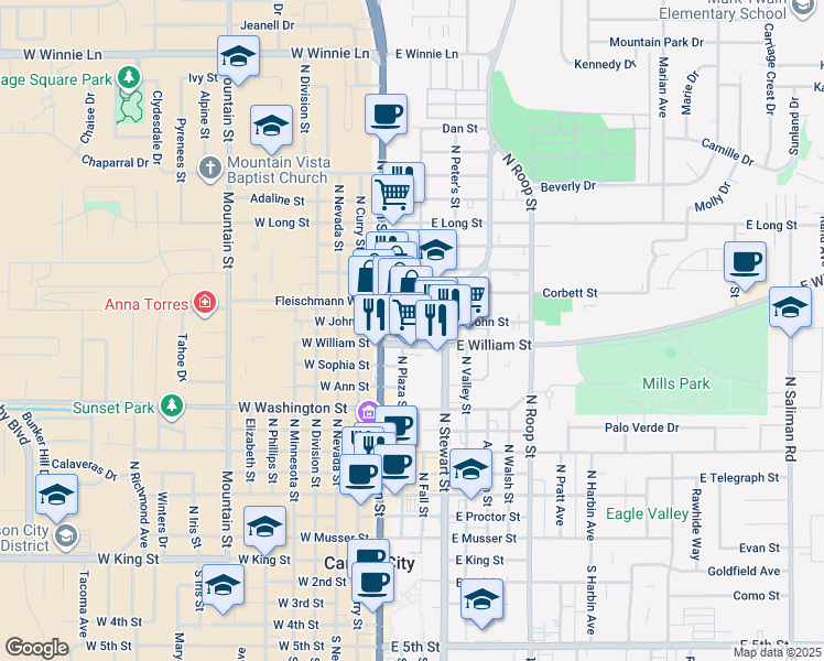map of restaurants, bars, coffee shops, grocery stores, and more near 203 East John Street in Carson City