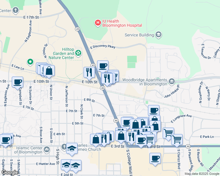 map of restaurants, bars, coffee shops, grocery stores, and more near 2618 East 10th Street in Bloomington