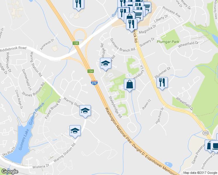 map of restaurants, bars, coffee shops, grocery stores, and more near 11760 Ashworth Court in Germantown