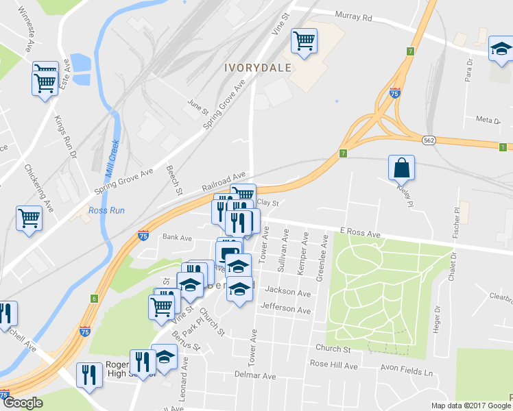 map of restaurants, bars, coffee shops, grocery stores, and more near 15 Clay Street in Cincinnati