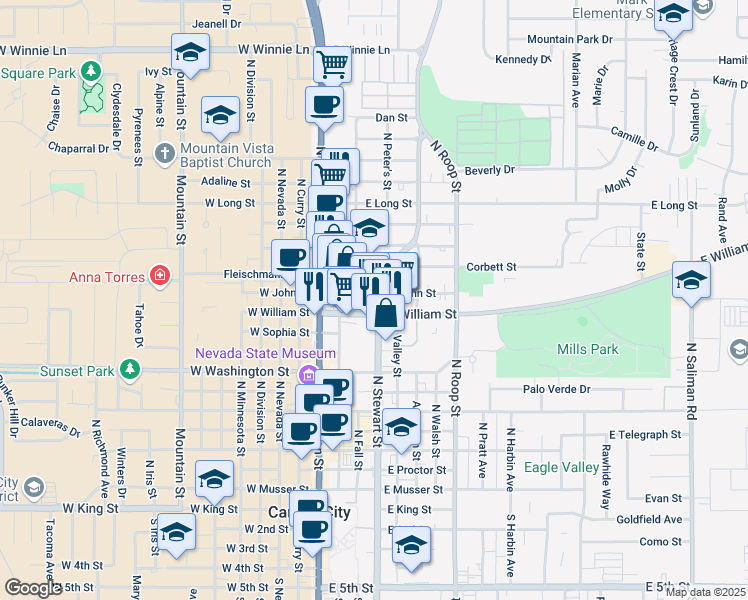 map of restaurants, bars, coffee shops, grocery stores, and more near 309 North Stewart Street in Carson City