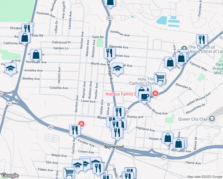 map of restaurants, bars, coffee shops, grocery stores, and more near 5301 Ohio 561 in Norwood
