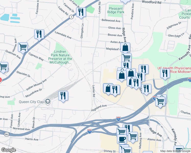 map of restaurants, bars, coffee shops, grocery stores, and more near 5326 Lester Road in Cincinnati