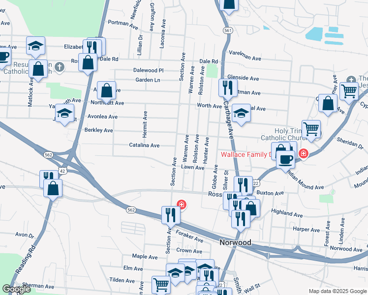 map of restaurants, bars, coffee shops, grocery stores, and more near 5239 Warren Avenue in Cincinnati