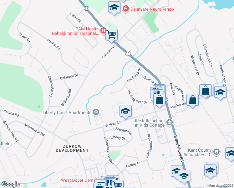 map of restaurants, bars, coffee shops, grocery stores, and more near 132 Old Forge Drive in Dover