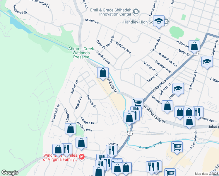 map of restaurants, bars, coffee shops, grocery stores, and more near 2913 Valley Avenue in Winchester