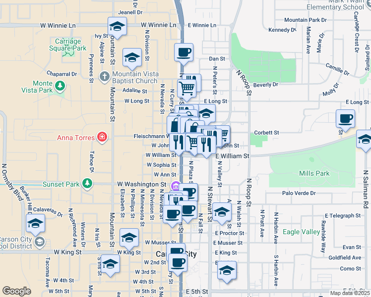 map of restaurants, bars, coffee shops, grocery stores, and more near 203 East John Street in Carson City