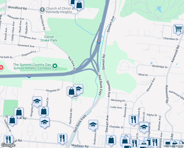map of restaurants, bars, coffee shops, grocery stores, and more near 5470 Ellmarie Drive in Cincinnati