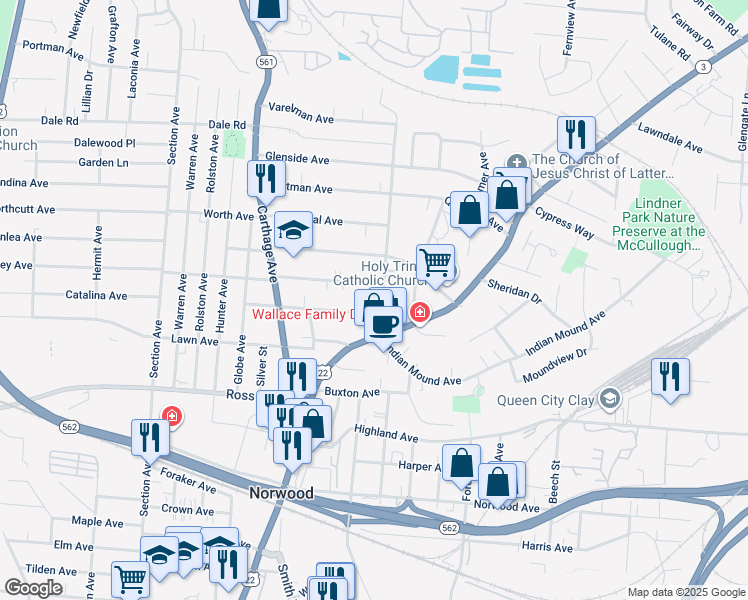 map of restaurants, bars, coffee shops, grocery stores, and more near 5243 Fenwick Avenue in Norwood