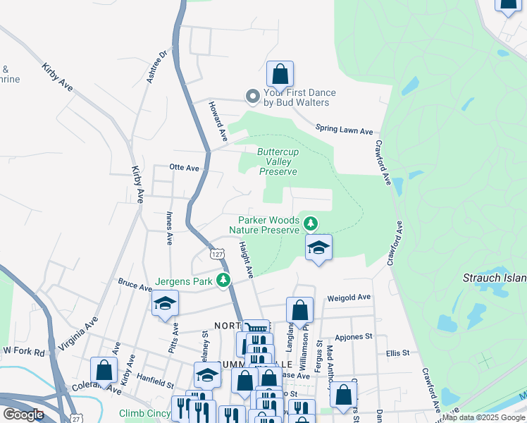 map of restaurants, bars, coffee shops, grocery stores, and more near 1582 Glen Parker Avenue in Cincinnati