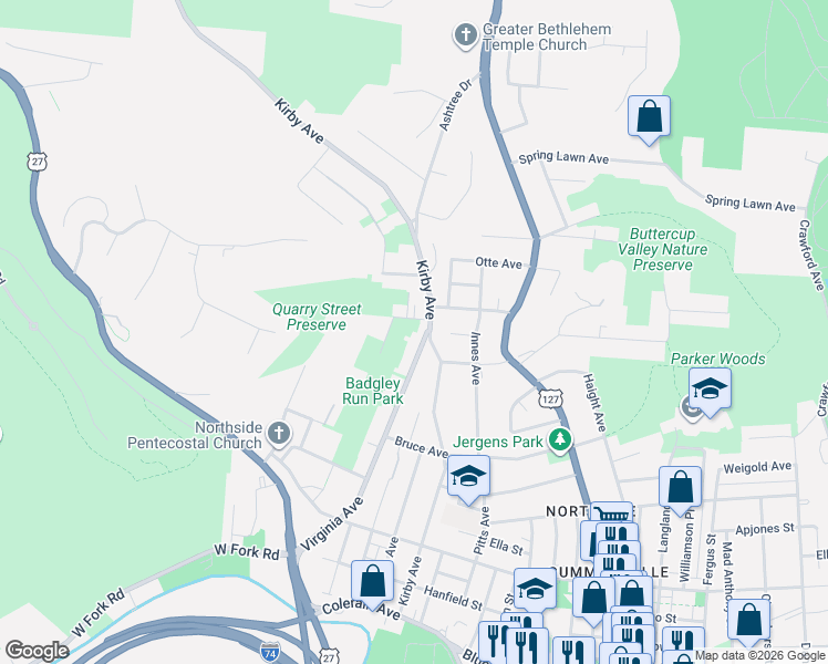 map of restaurants, bars, coffee shops, grocery stores, and more near 1705 Martha Avenue in Cincinnati