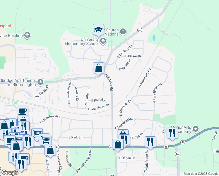 map of restaurants, bars, coffee shops, grocery stores, and more near 800 North Smith Road in Bloomington