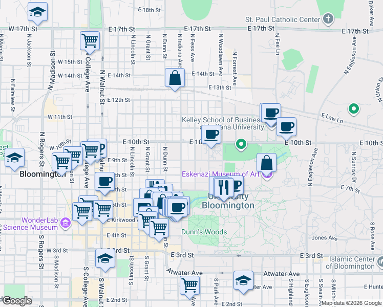 map of restaurants, bars, coffee shops, grocery stores, and more near 509 North Fess Avenue in Bloomington