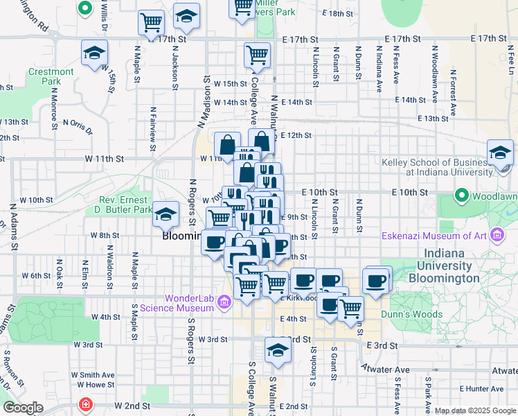 map of restaurants, bars, coffee shops, grocery stores, and more near 519 North College Avenue in Bloomington