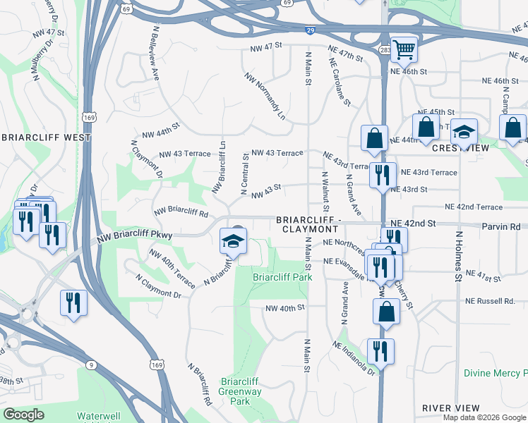 map of restaurants, bars, coffee shops, grocery stores, and more near 212 Northwest Briarcliff Road in Kansas City