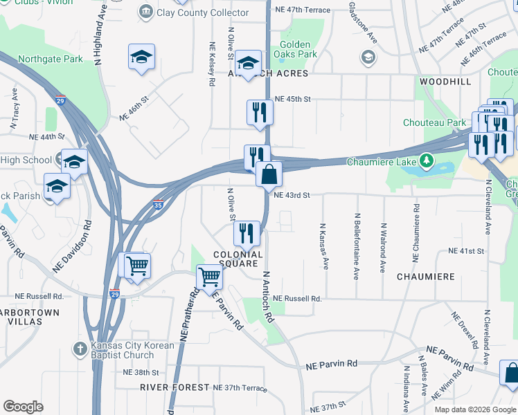 map of restaurants, bars, coffee shops, grocery stores, and more near 4225 Missouri 1 in Kansas City