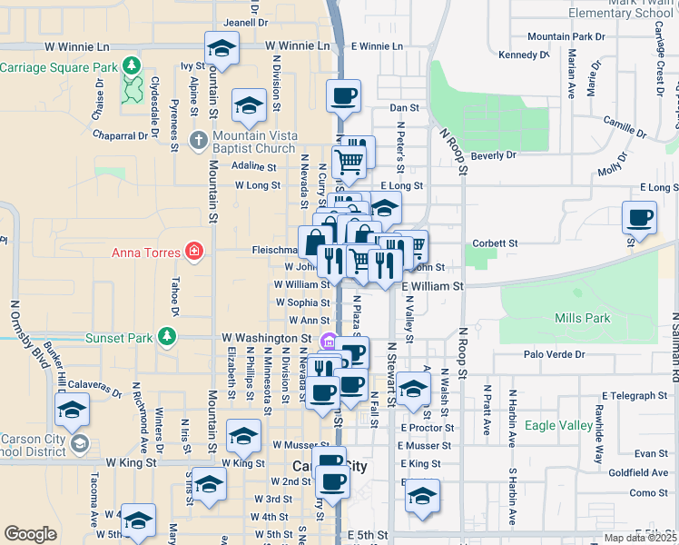 map of restaurants, bars, coffee shops, grocery stores, and more near 1111 North Carson Street in Carson City