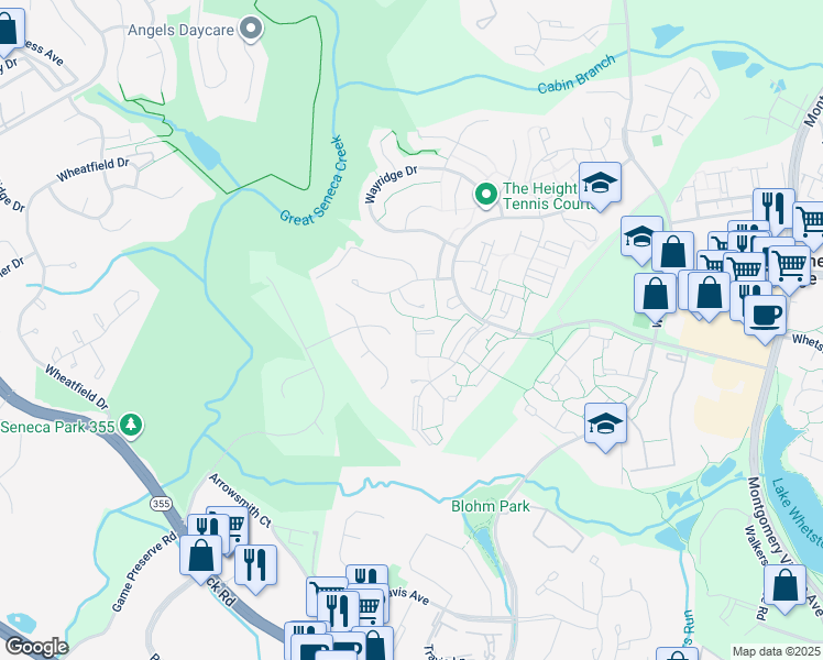 map of restaurants, bars, coffee shops, grocery stores, and more near 10554 Cambridge Court in Montgomery Village
