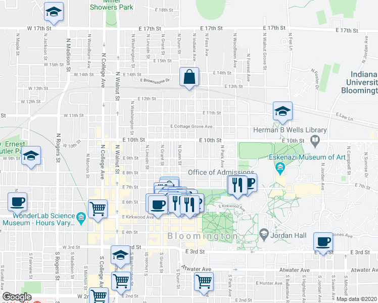 map of restaurants, bars, coffee shops, grocery stores, and more near 525 North Indiana Avenue in Bloomington