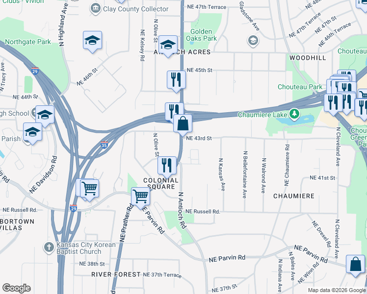 map of restaurants, bars, coffee shops, grocery stores, and more near 4225 Missouri 1 in Kansas City