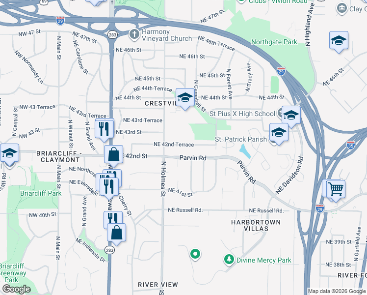 map of restaurants, bars, coffee shops, grocery stores, and more near 809 Northeast 42nd Terrace in Kansas City
