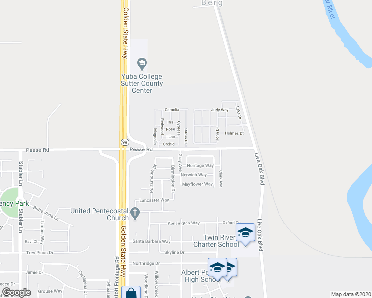 map of restaurants, bars, coffee shops, grocery stores, and more near 1089 Pease Road in Yuba City