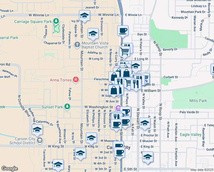 map of restaurants, bars, coffee shops, grocery stores, and more near 1177 North Division Street in Carson City