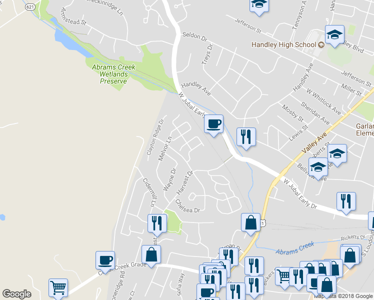 map of restaurants, bars, coffee shops, grocery stores, and more near 1831 Tilghman Lane in Winchester