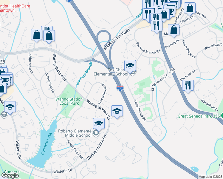 map of restaurants, bars, coffee shops, grocery stores, and more near 11902 Rustic Farm Court in Germantown